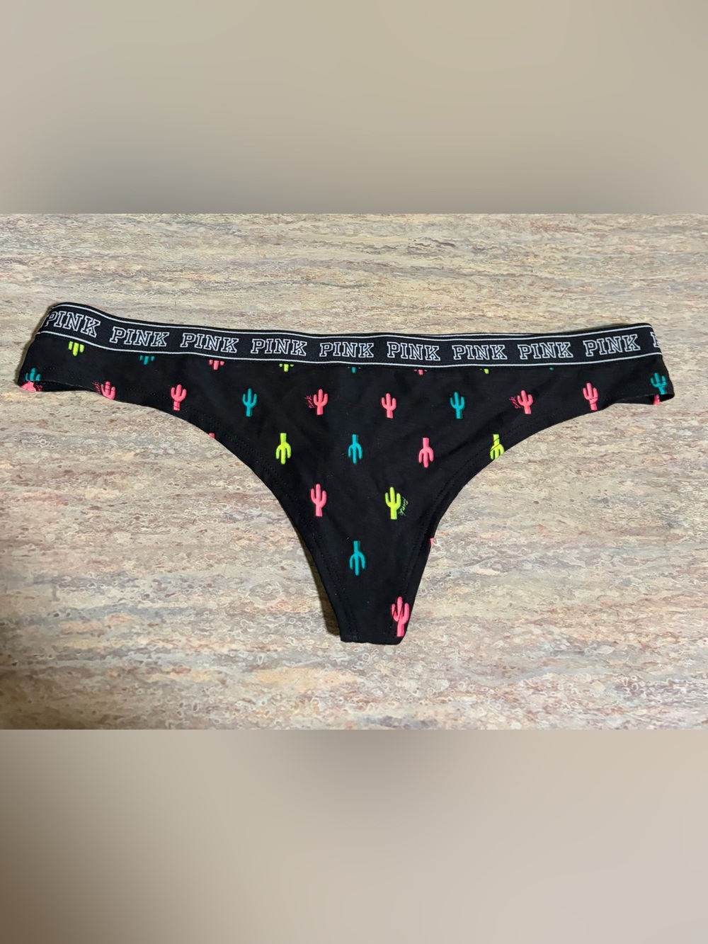 NWT PINK Victoria's Secret Black Thong Panty with Multicolored Cactus Print